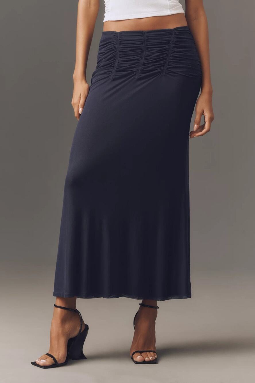 Anthropologie Maeve Ruched Yoke Column Blue Maxi Skirt Medium